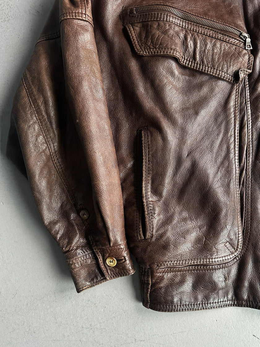 GIANNI VERSACE - 1980s LEATHER AVIATOR BOMBER JACKET WITH SHEARLING COLLAR