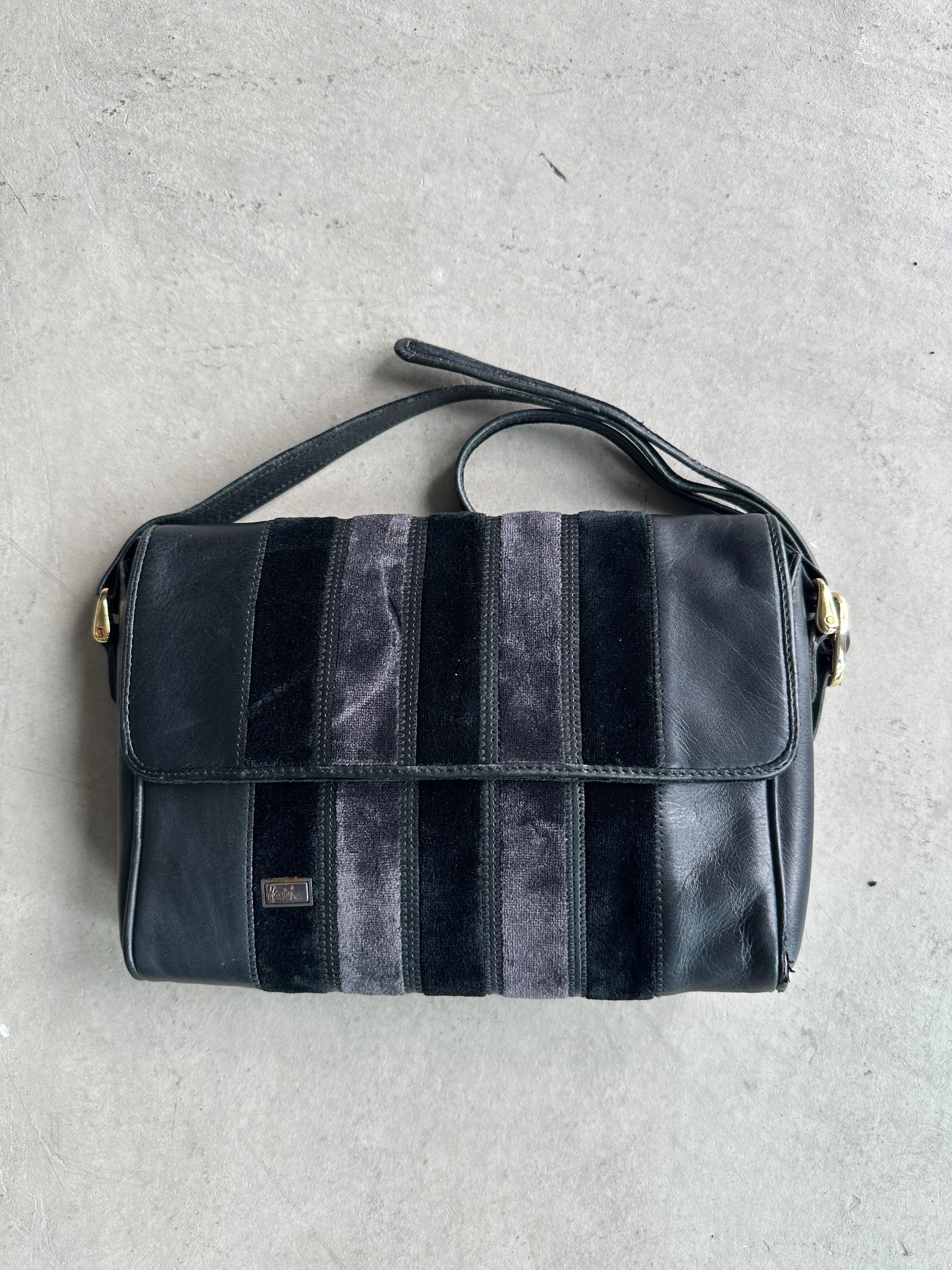 1970s LEATHER MESSENGER BAG WITH VELVET STRIPE DETAILS