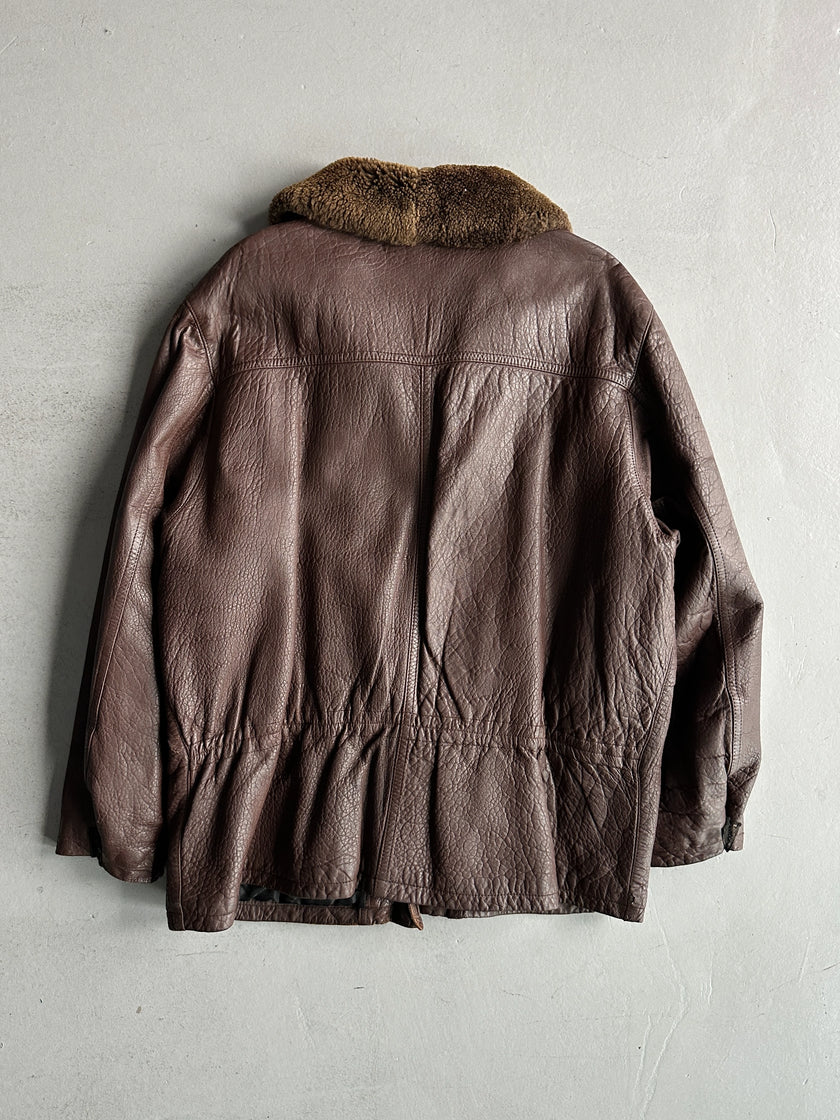 MARITHÉ + FRANÇOIS GIRBAUD X COMPAGNIE DES MONTAGNES & DES FORETS - 1980s FUR COLLAR LEATHER MIDI JACKET WITH METAL HOOKS FRONT CLOSURE