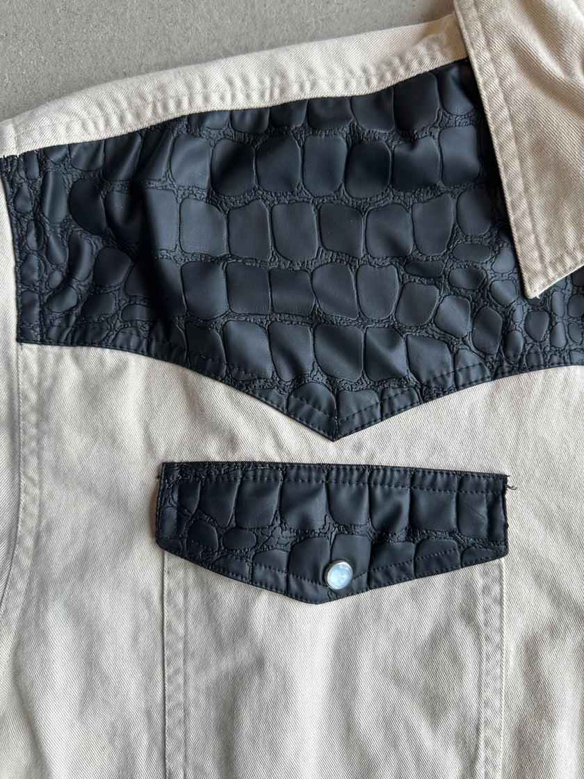 1990s HALF SLEEVE SHIRT WITH FAUX LEATHER DETAILS AT CHEST AND POCKETS