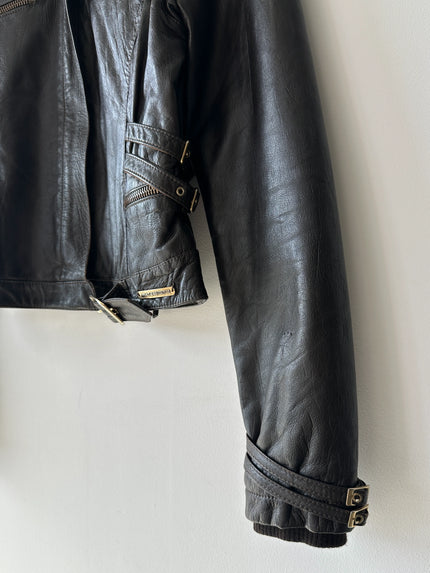 VERSACE - 2000s CROP FIT LEATHER JACKET WITH BONDAGE DETAILS