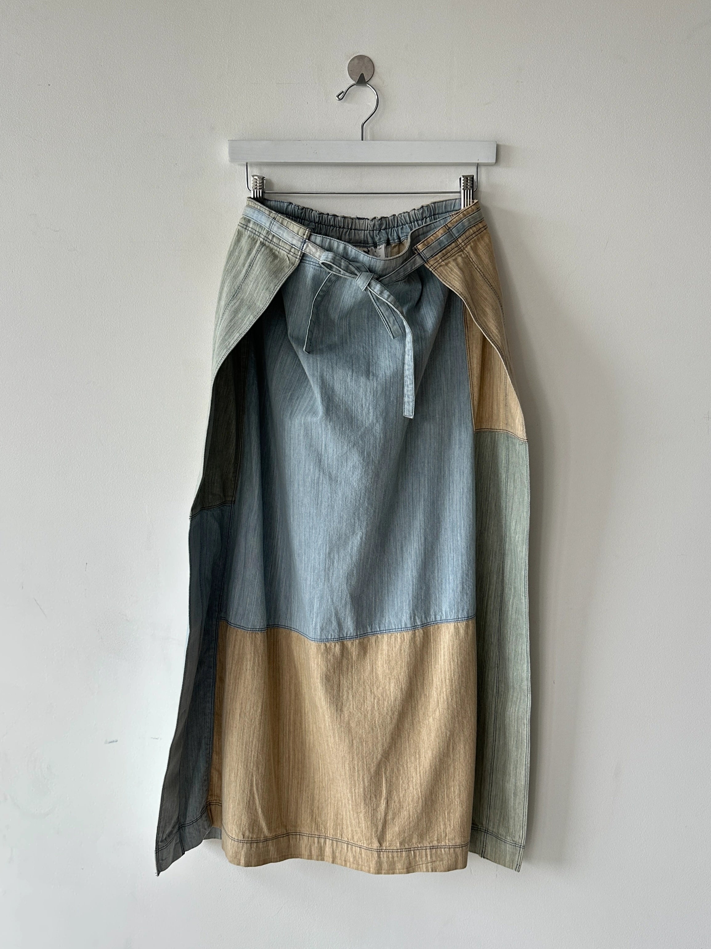 ISSEY MIYAKE HAI - 1980s PATCHWORK DENIM MAXI WRAP SKIRT
