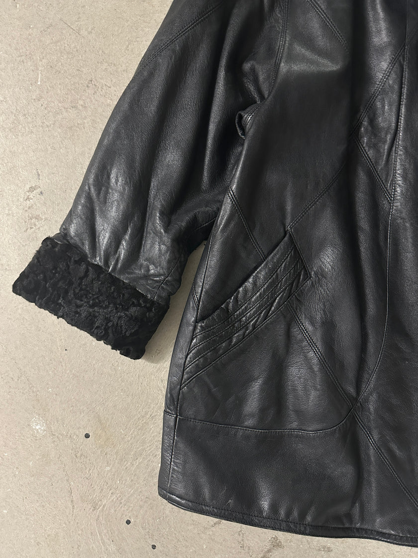 1970s LEATHER COAT WITH FUR CUFFS