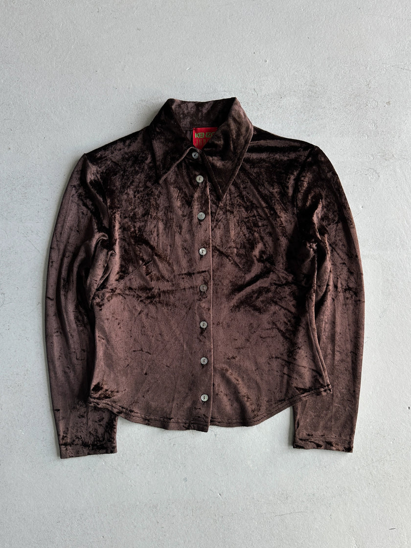 KENZO - 1980s CROP FIT VELVET SHIRT WITH POINTED COLLAR