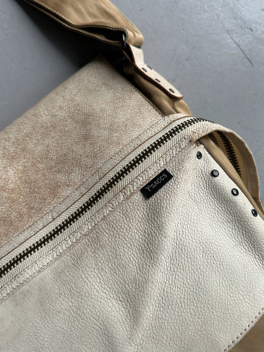 YOHJI YAMAMOTO Y'SACCS - 1990s RECTANGULAR MESSENGER BAG WITH DISTRESSED LEATHER FRONT PANEL