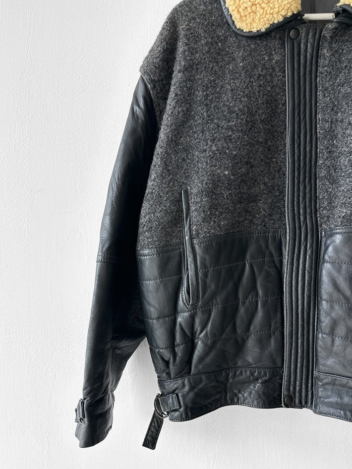 ITALIAN LABEL - 1980s PANELLED WOOL BOMBER JACKET WITH REMOVABLE SHEARLING COLLAR