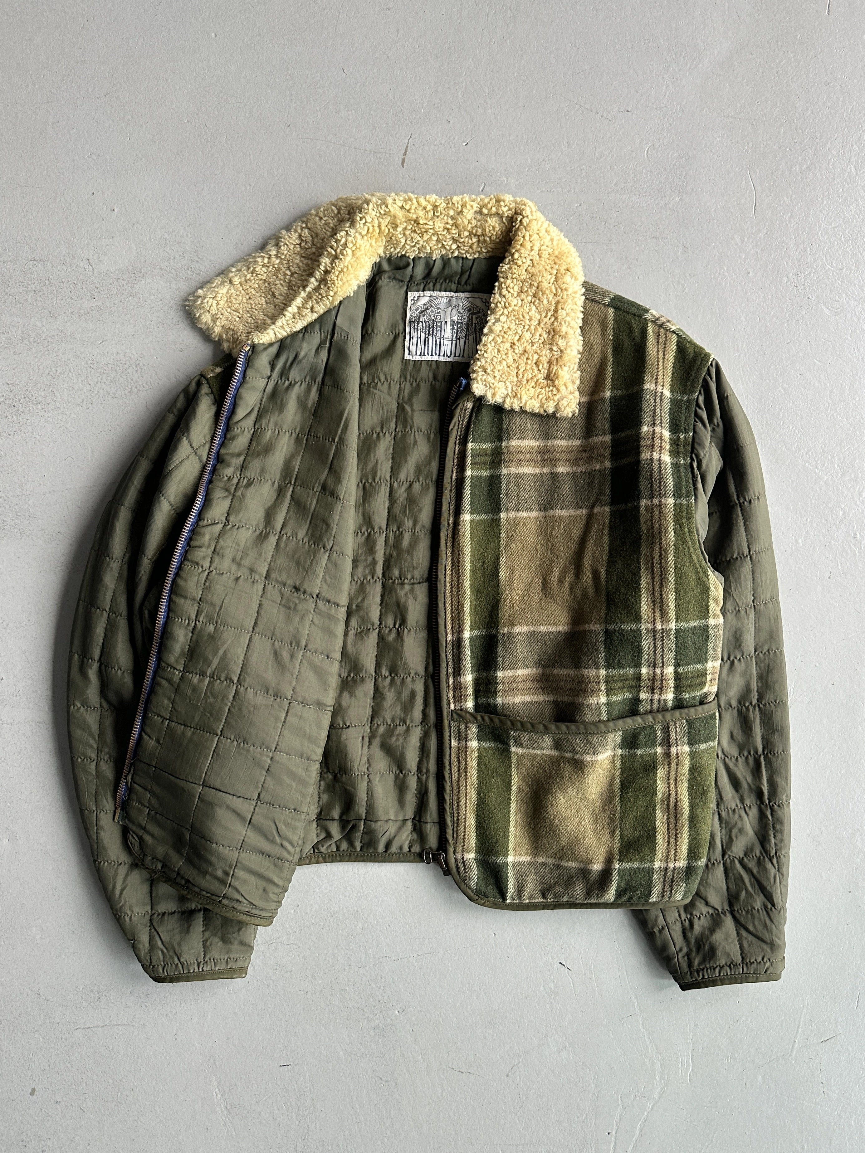 GIANFRANCO FERRÉ - 1980s FUR COLLAR PLAID JACKET WITH CONTRASTING NYLON SLEEVE