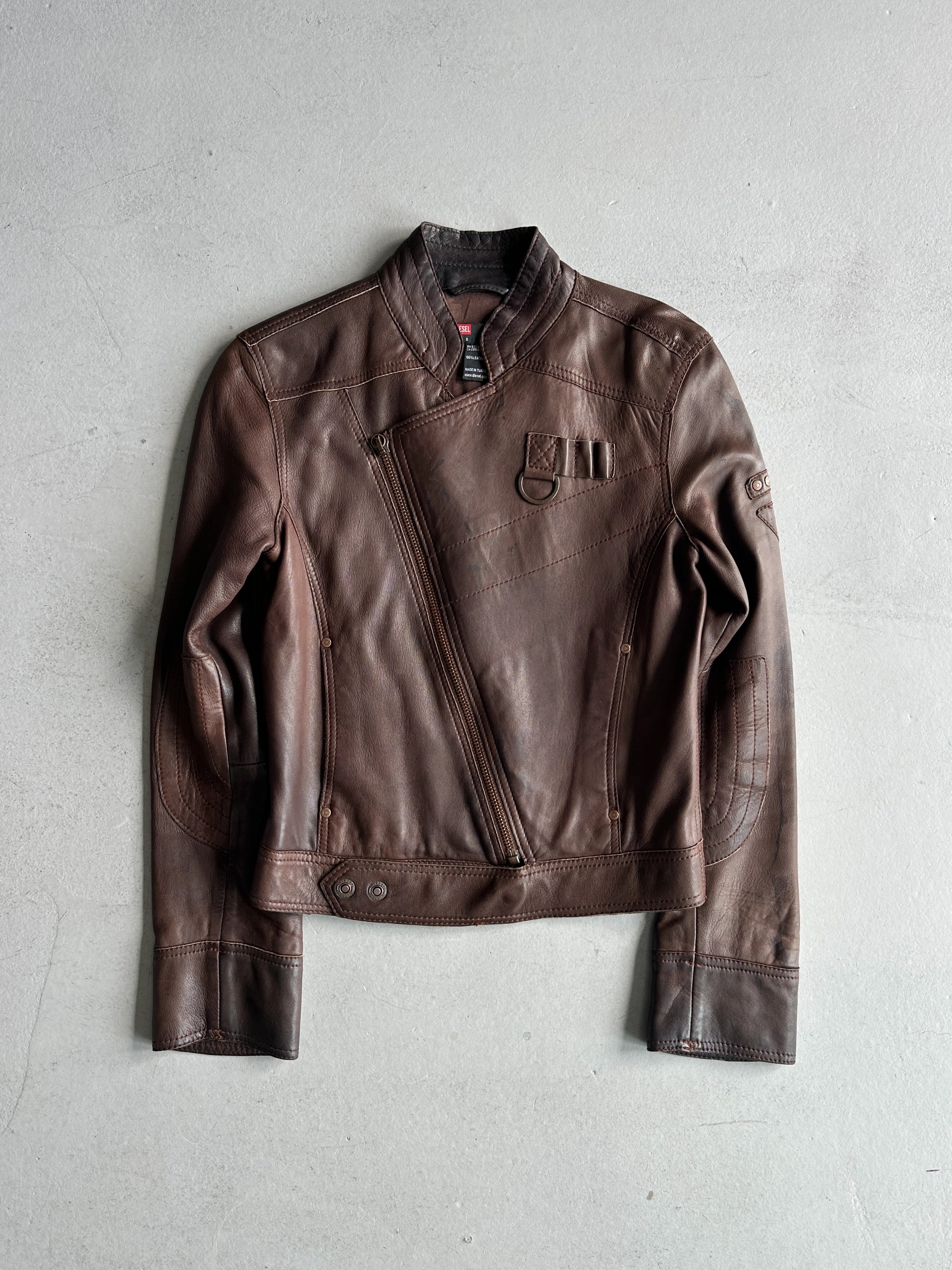 DIESEL - 2000s ASYMMETRICAL ZIP FRONT LEATHER BIKER JACKET