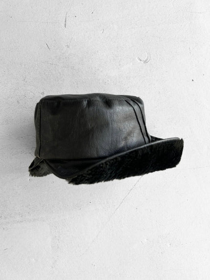 1970s LEATHER BUCKET HAT WITH FAUX FUR BRIM AND LINING
