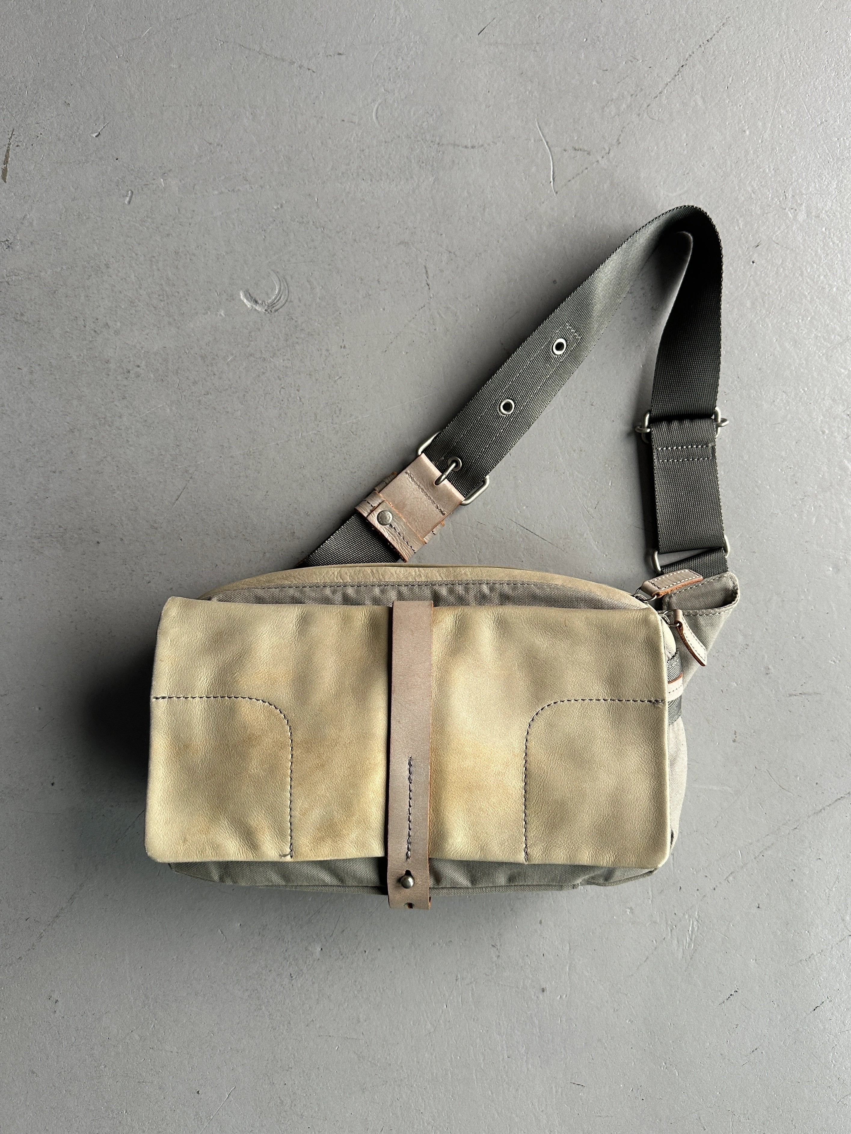 YOHJI YAMAMOTO Y'SACCS - 1990s RECTANGULAR BUM BAG WITH DISTRESSED LEATHER FRONT PANEL
