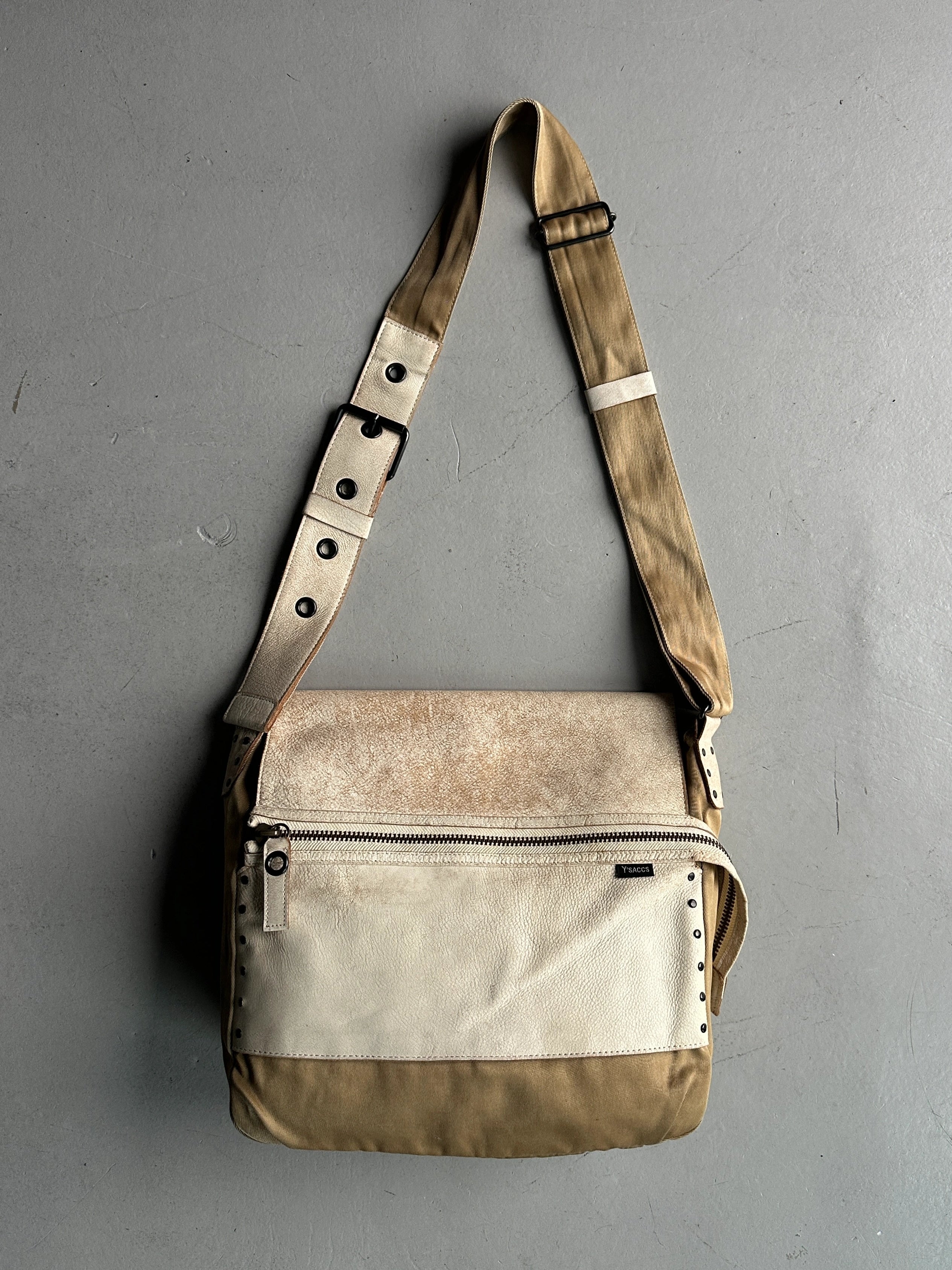 YOHJI YAMAMOTO Y'SACCS - 1990s RECTANGULAR MESSENGER BAG WITH DISTRESSED LEATHER FRONT PANEL