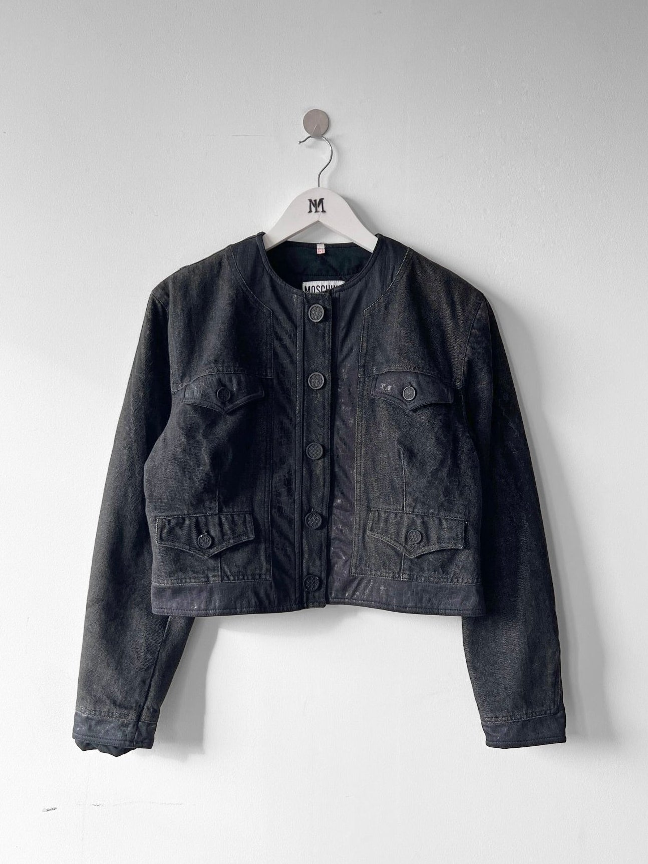 MOSCHINO - 1980s COLLARLESS CROP FIT PADDED DENIM JACKET