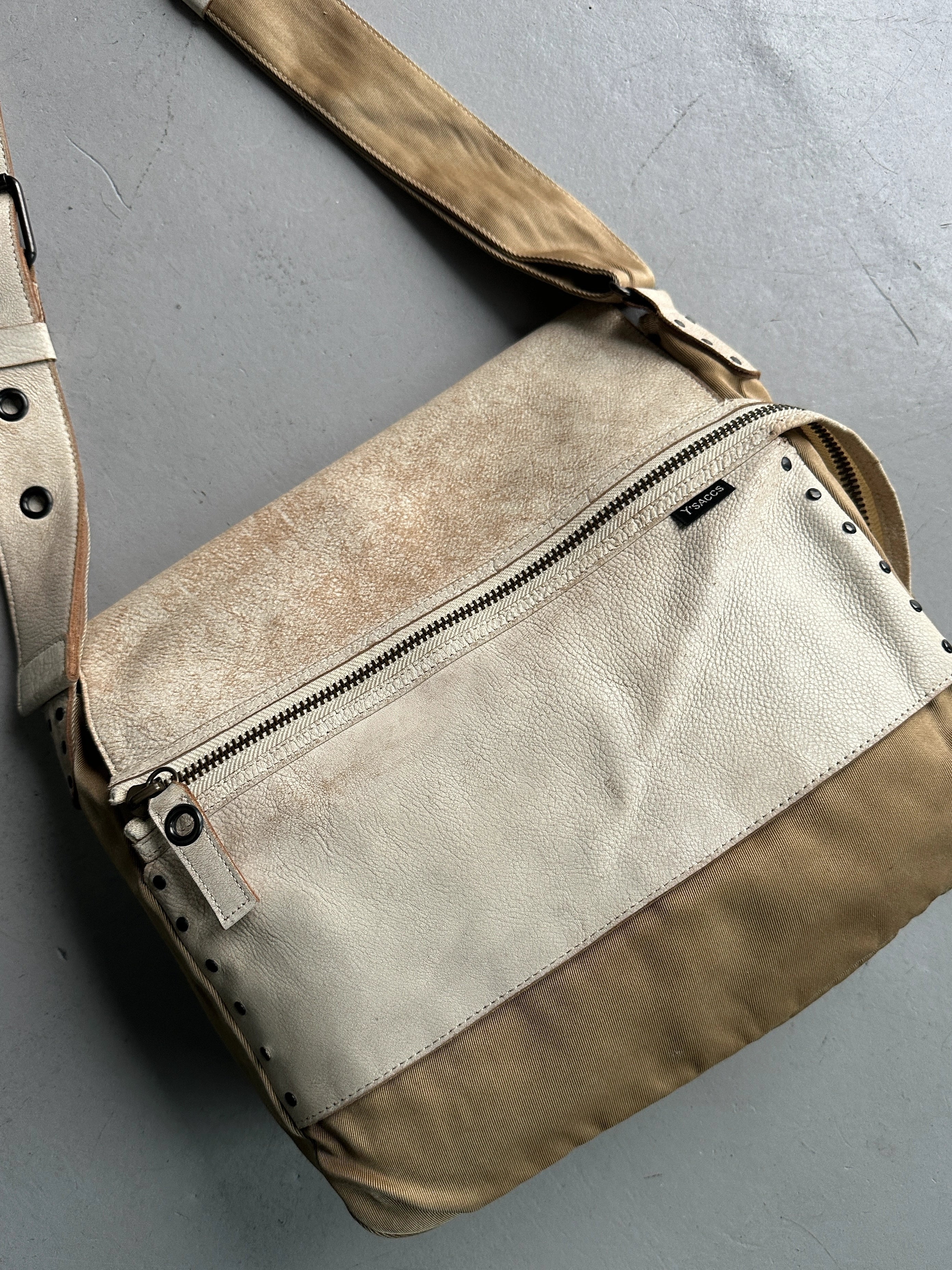 YOHJI YAMAMOTO Y'SACCS - 1990s RECTANGULAR MESSENGER BAG WITH DISTRESSED LEATHER FRONT PANEL