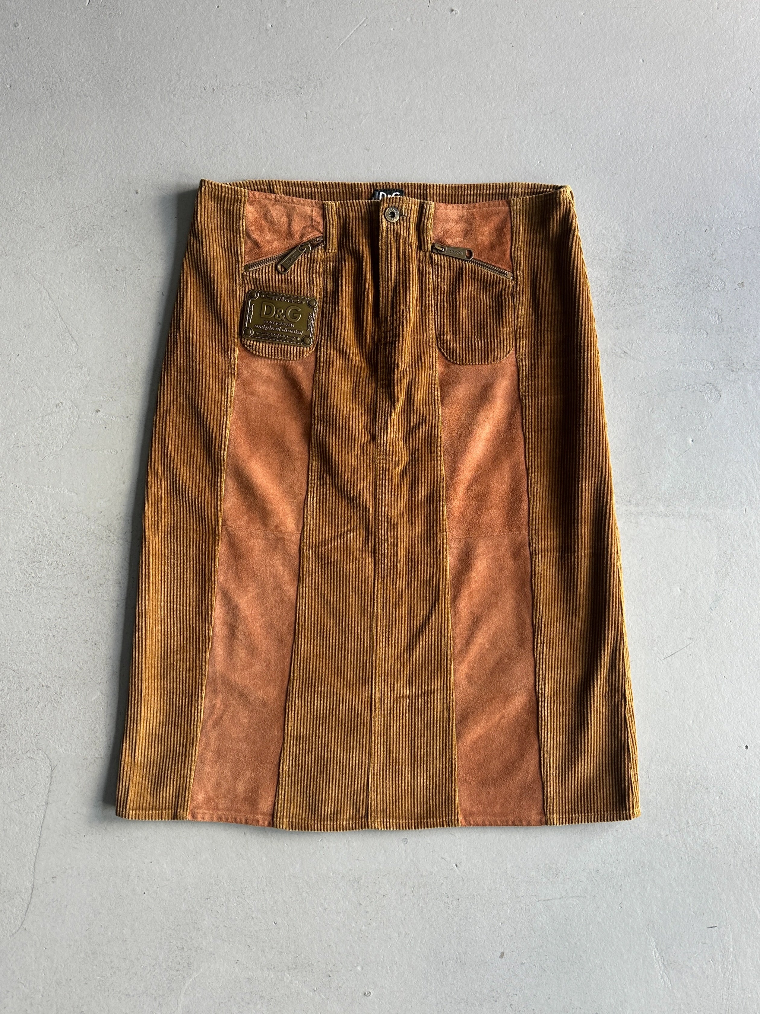 DOLCE & GABBANA - F/W 2002 PANELED CORDUROY AND SUEDE LONG SKIRT