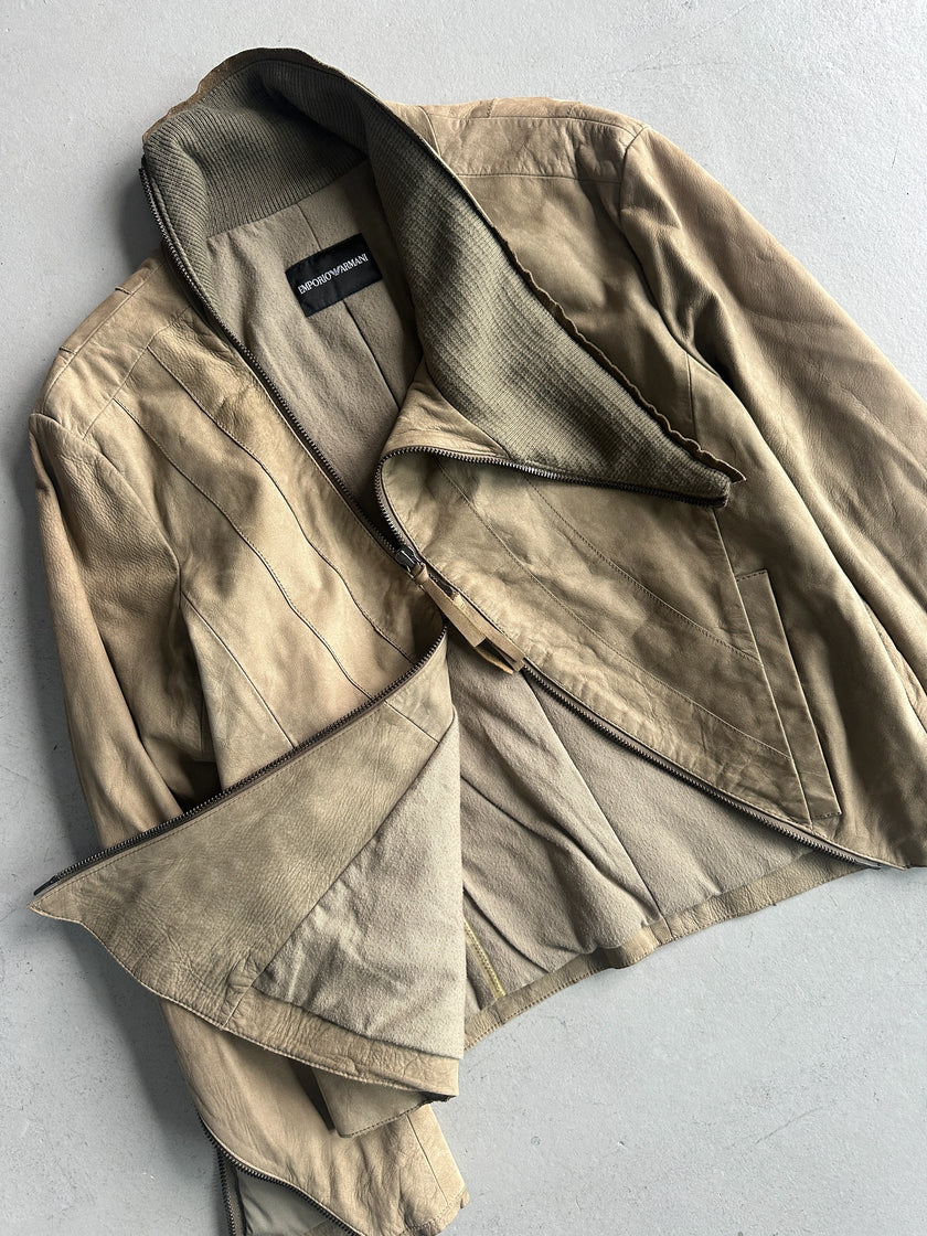 EMPORIO ARMANI - A/W 2011 ASYMMETRICAL ZIP FUNNEL NECK COLLAR CALF LEATHER JACKET