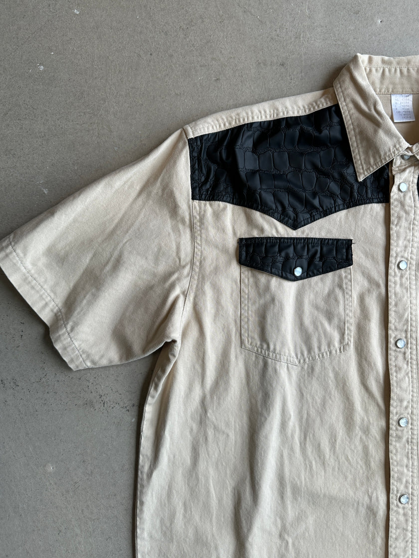 1990s HALF SLEEVE SHIRT WITH FAUX LEATHER DETAILS AT CHEST AND POCKETS