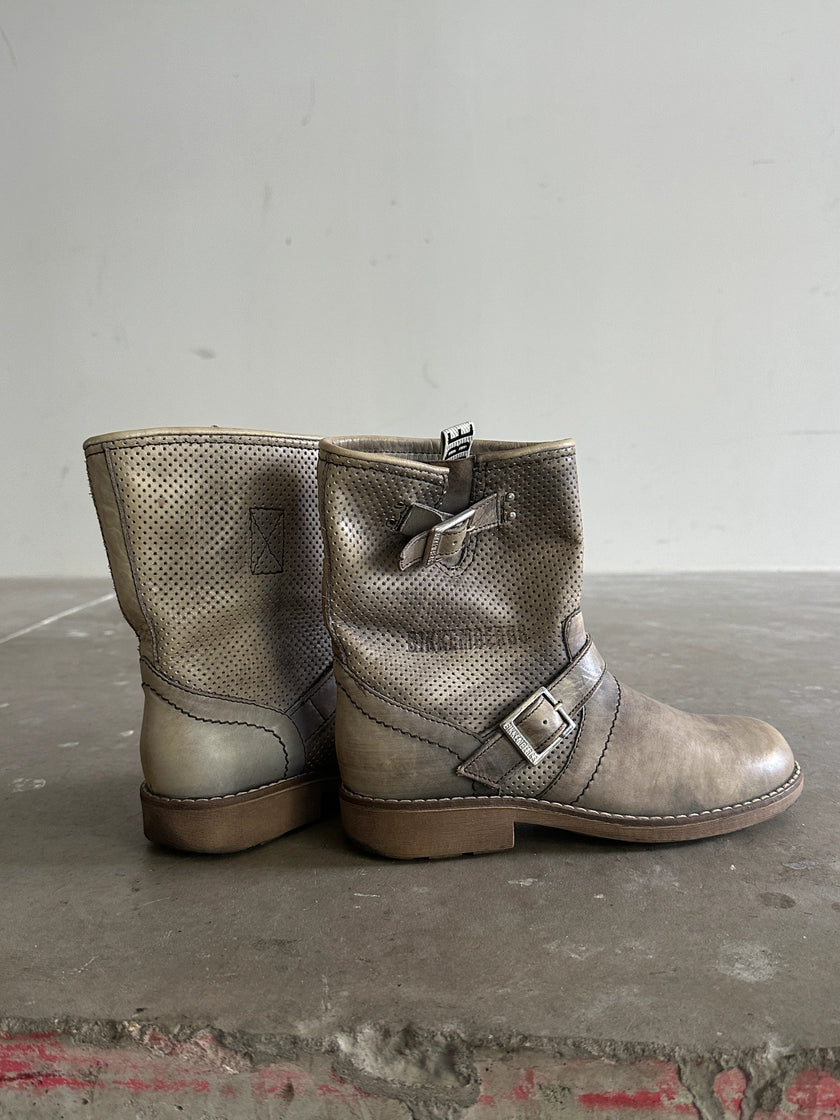 BIKKEMBERGS - 2000s PERFORATED DISTRESSED LEATHER ANKLE BOOTS
