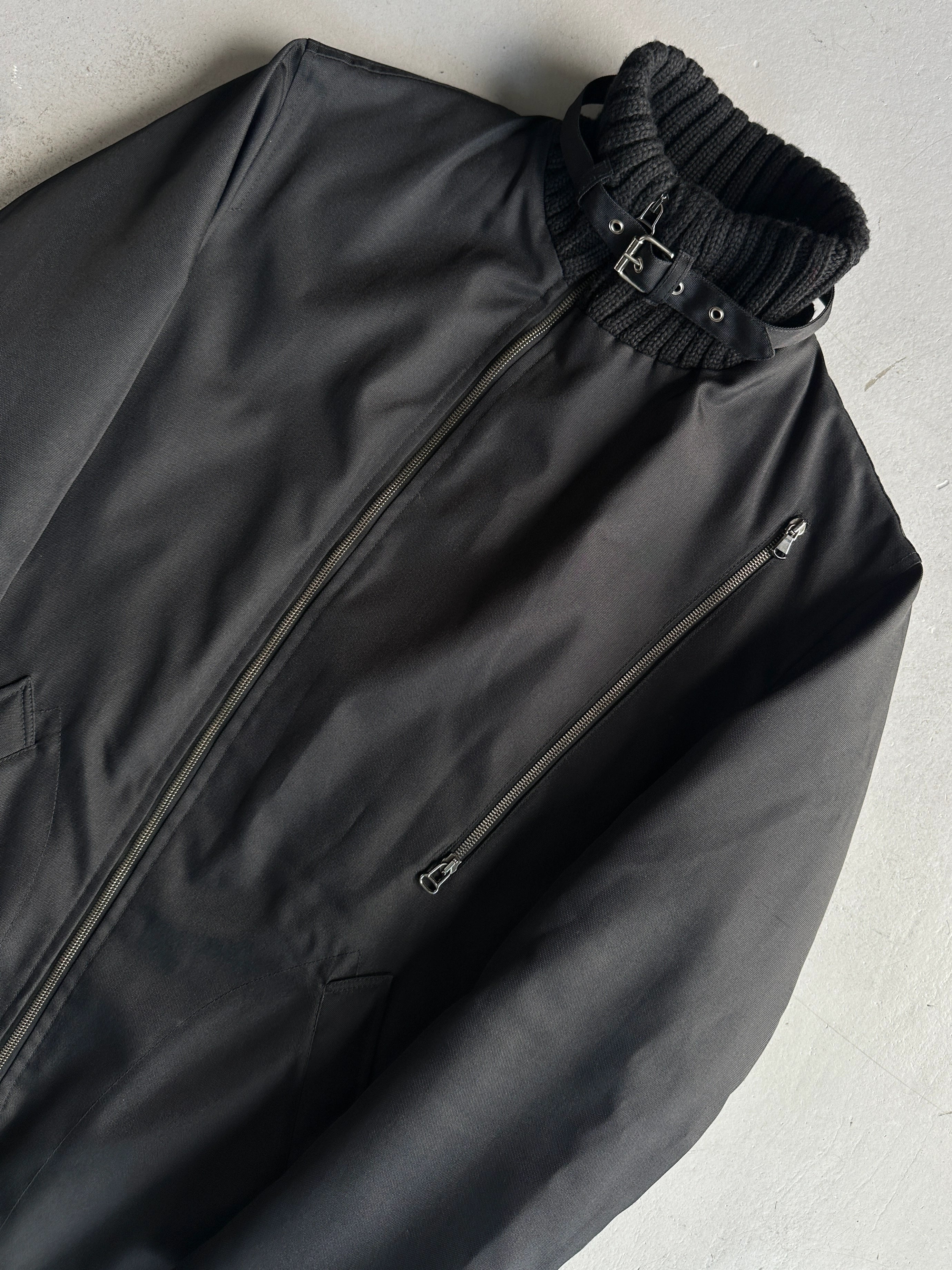 DANIELE ALESSANDRINI - 2000s RIBBED KNIT BELTED NECK COLLAR TECHNICAL JACKET WITH ASYMMETRICAL ZIP FRONT