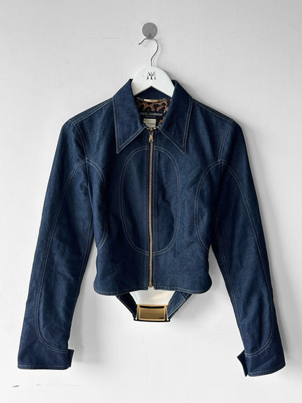 DOLCE & GABBANA - S/S 2001 CROPPED DENIM JACKET WITH LOGO PLATE AT BACK