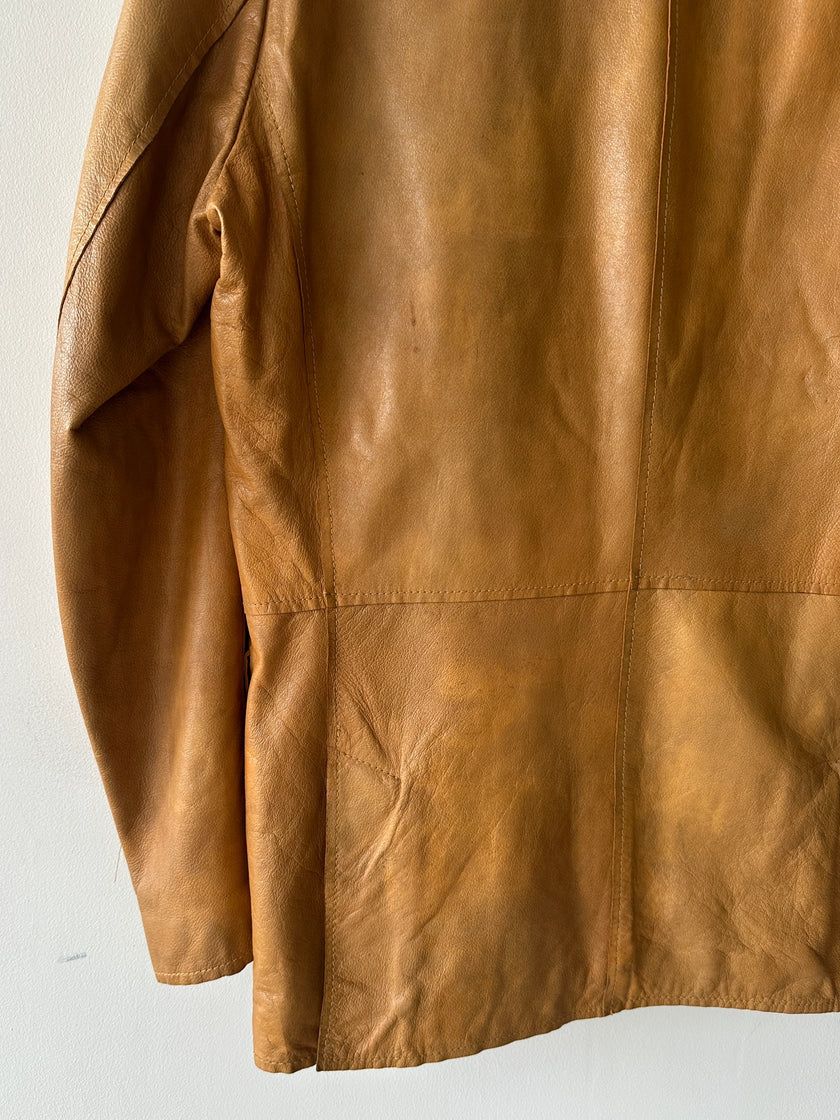 DOLCE & GABBANA - early 2000s DISTRESSED LEATHER BLAZER WITH TARTAN LINING