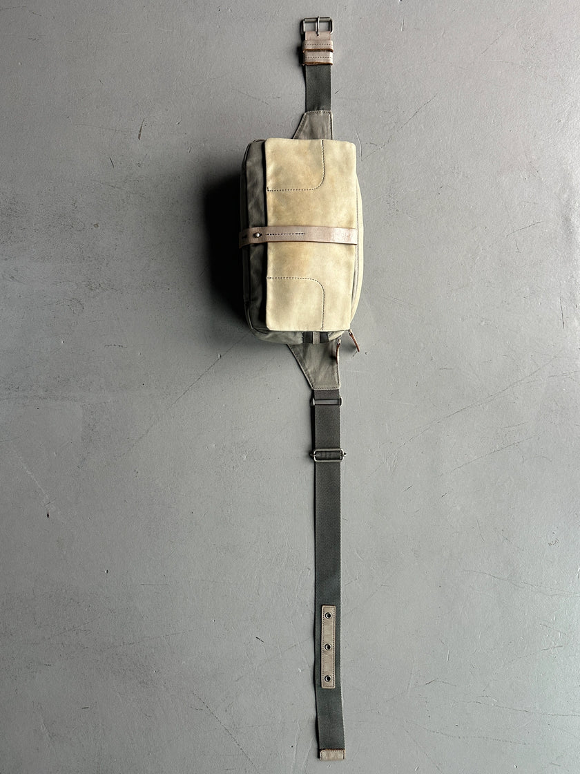 YOHJI YAMAMOTO Y'SACCS - 1990s RECTANGULAR BUM BAG WITH DISTRESSED LEATHER FRONT PANEL