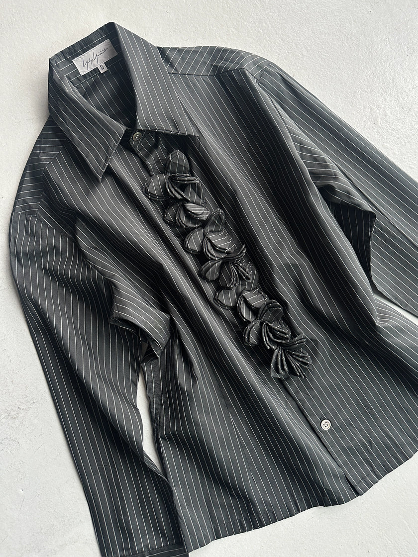 YOHJI YAMAMOTO - S/S 2003 PINSTRIPED SILK SHIRT WITH FLORAL RUFFLE DETAIL AT FRONT