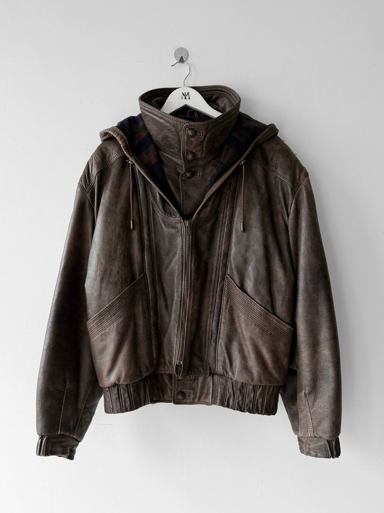 ITALIAN LABEL 1980s LAYERED LEATHER JACKET WITH REMOVABLE HOOD PANEL