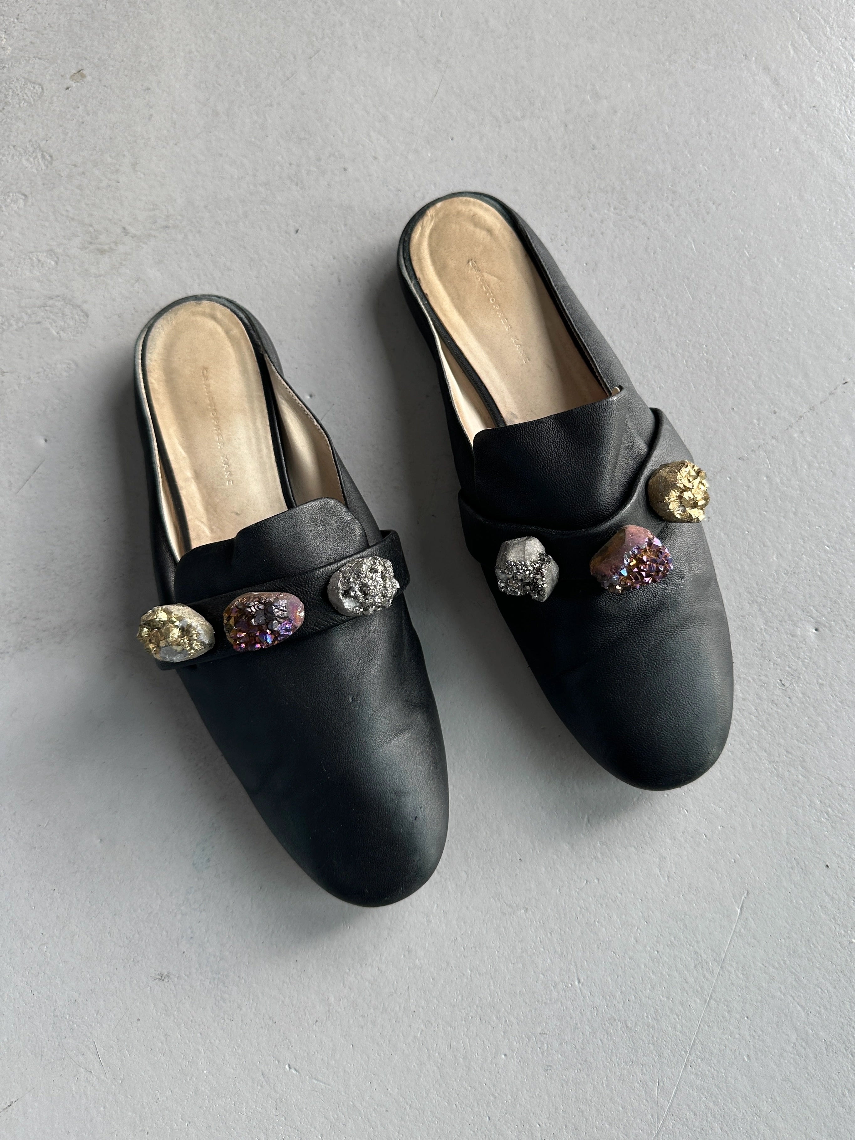 CHRISTOPHER KANE - S/S 2017 LEATHER SLIP ON MULES WITH OVERSIZED CRYSTALS
