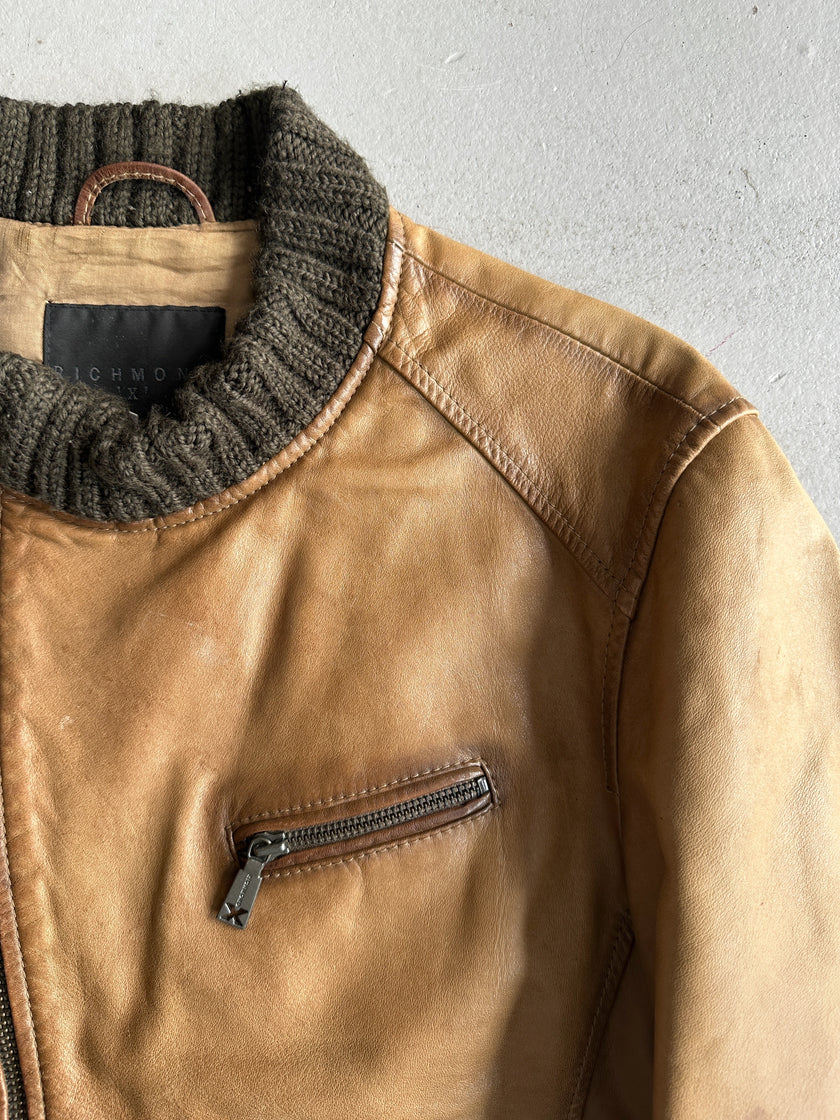 JOHN RICHMOND X - F/W 2005 LEATHER BIKER JACKET WITH KNITTED COLLAR