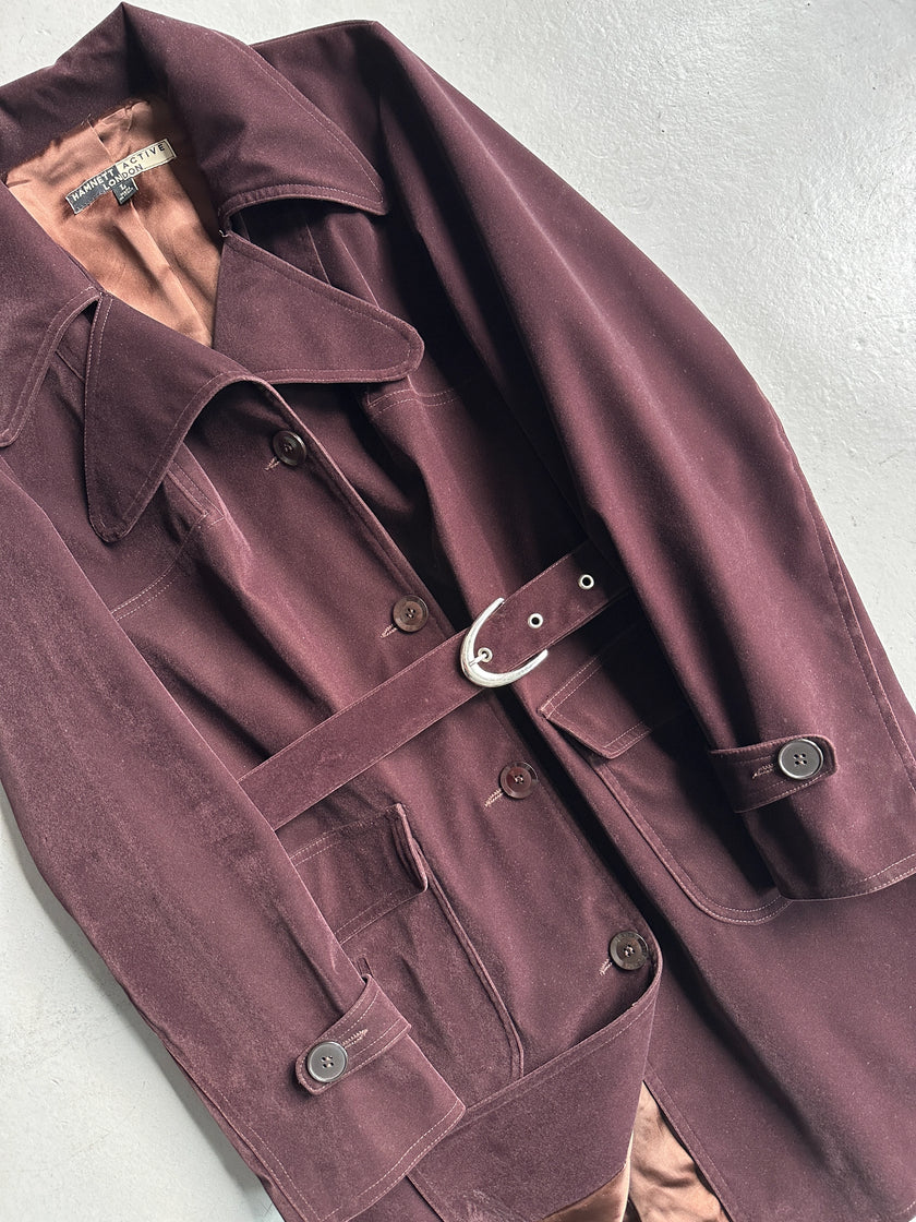 KATHARINE HAMNETT - 1990s VELVET BELTED TRENCH COAT
