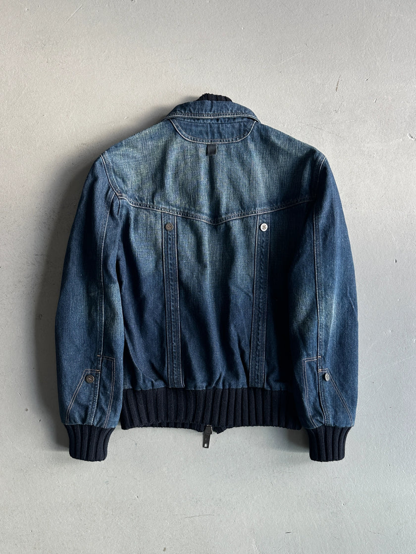 BURBERRY - 2000s DENIM BOMBER JACKET WITH KNITTED DETAILS