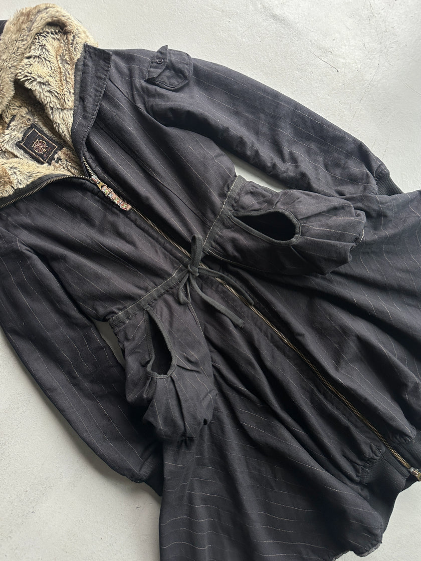 MARITHÉ + FRANÇOIS GIRBAUD - F/W 2005 LONG PINSTRIPE JACKET WITH FAUX FUR HOOD