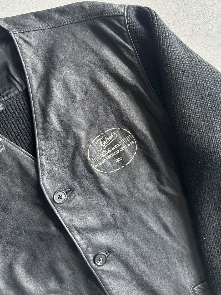 1980s KNITTED CARDIGAN JACKET WITH LEATHER FRONT