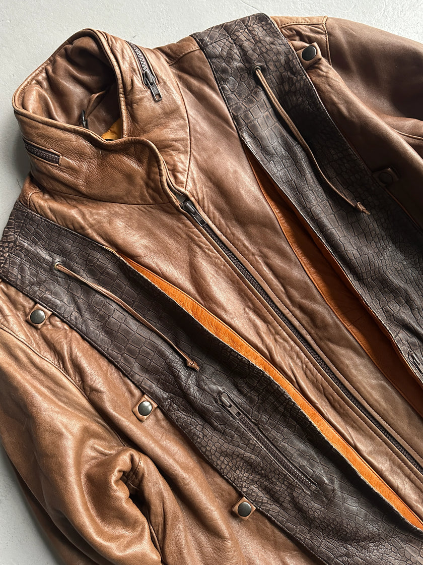 1990s PANELED BOMBER LEATHER JACKET WITH CROCODILE PRINT YOKE