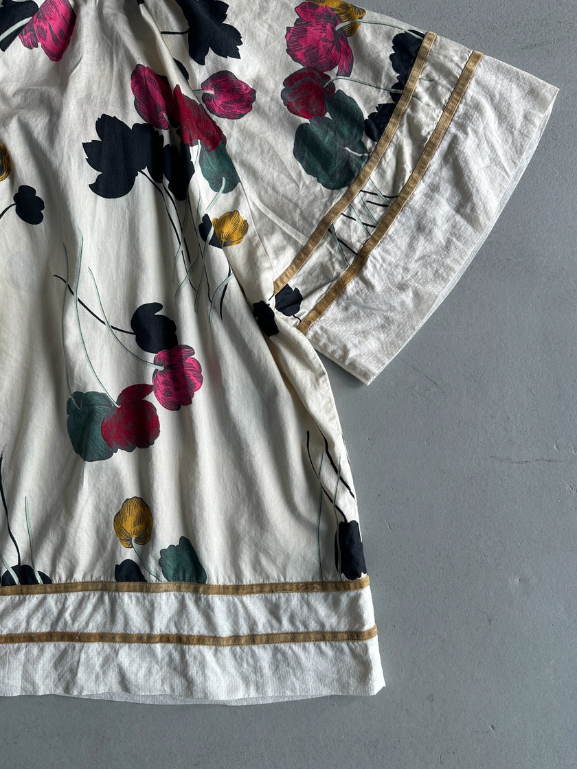 KENZO - 1990s FLORAL PRINT RUFFLED COLLAR SHORT SLEEVE TOP