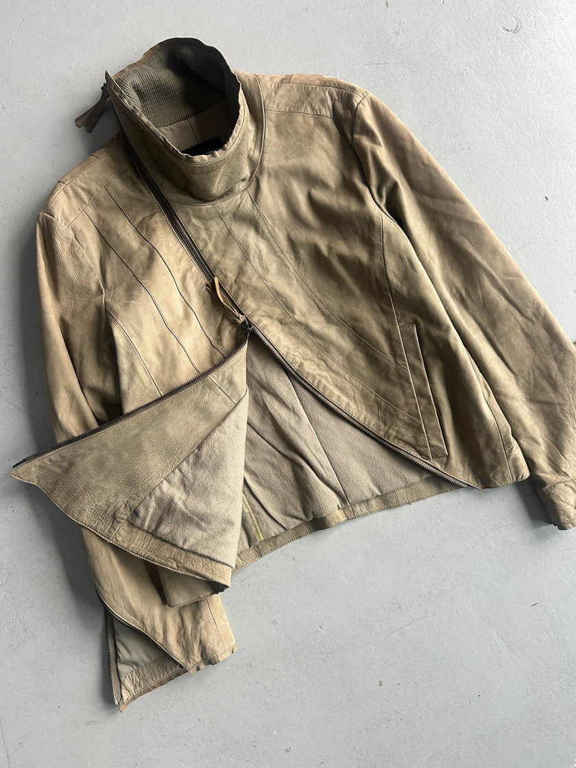 EMPORIO ARMANI - A/W 2011 ASYMMETRICAL ZIP FUNNEL NECK COLLAR CALF LEATHER JACKET