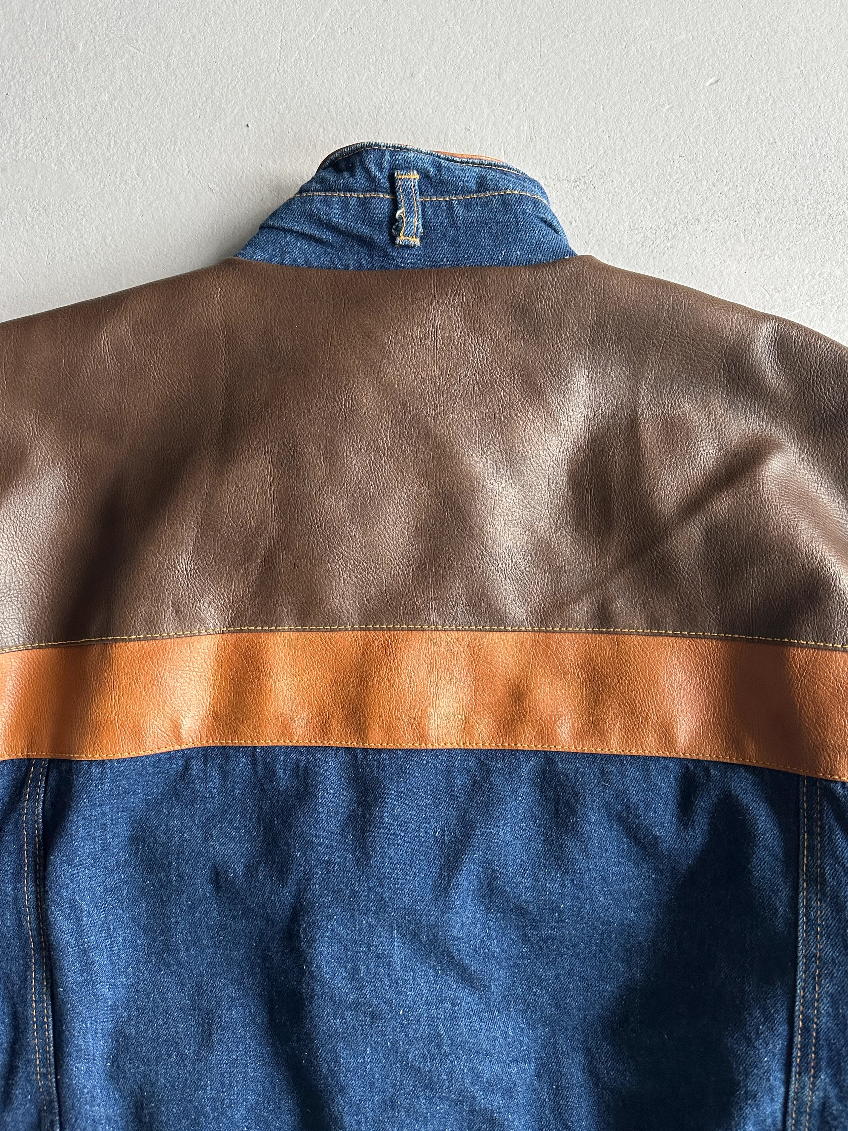 1980s FUNNEL NECK DENIM BOMBER JACKET WITH LEATHER DETAILS