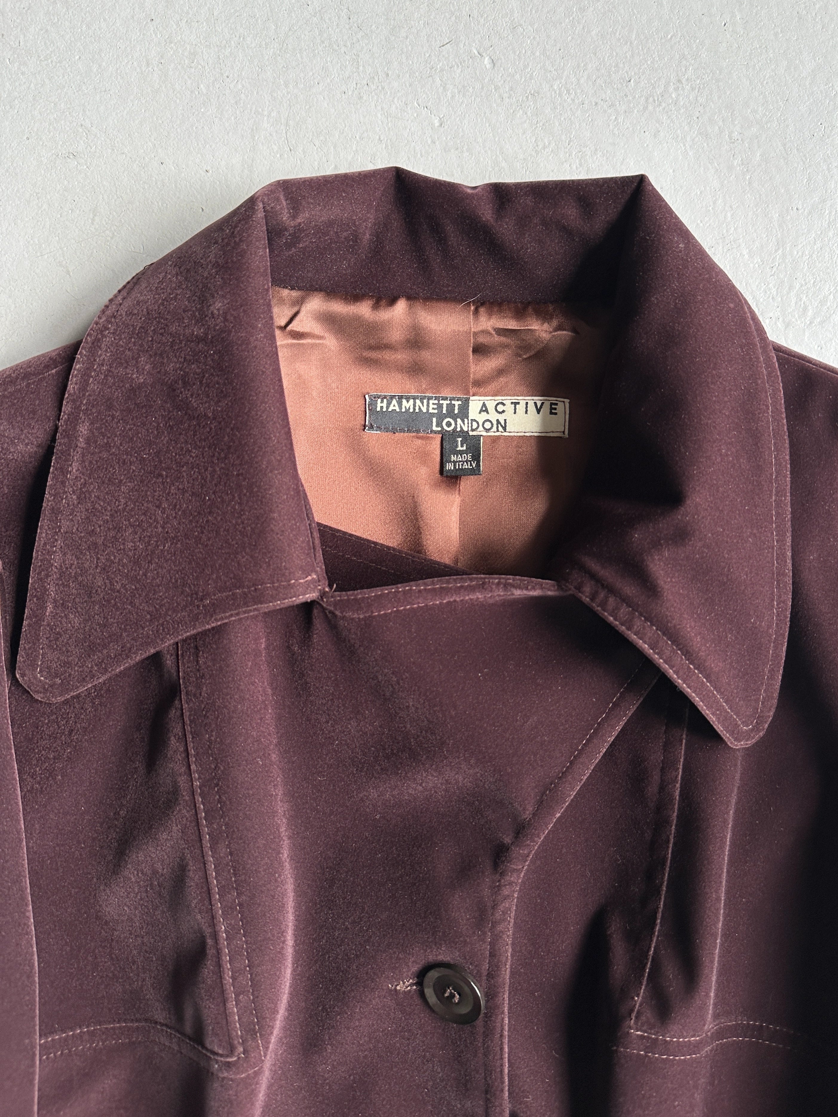 KATHARINE HAMNETT - 1990s VELVET BELTED TRENCH COAT
