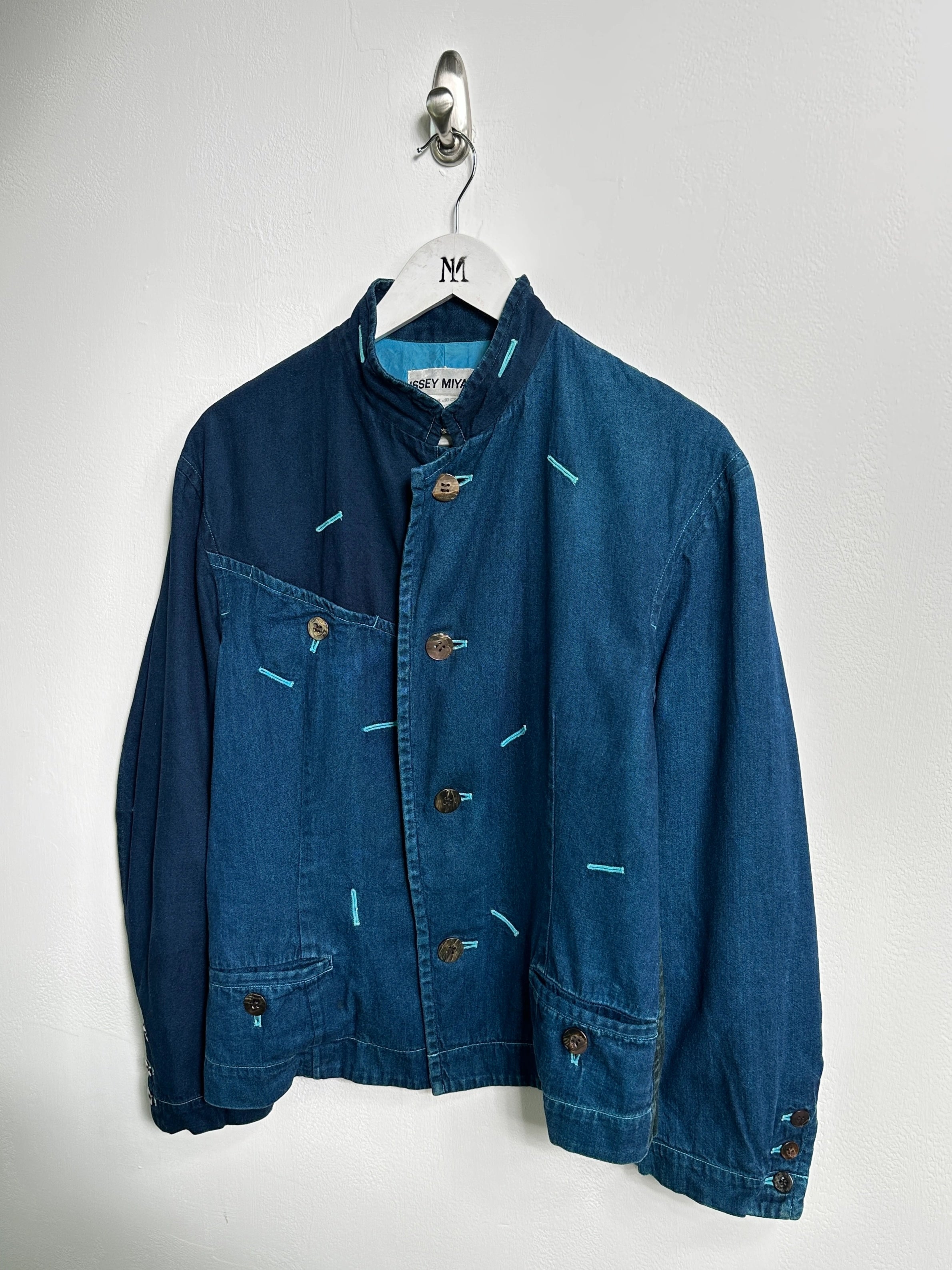 ISSEY MIYAKE - F/W 1993 PANELED DENIM JACKET WITH CONTRAST EMBROIDERED DETAILS ALL OVER
