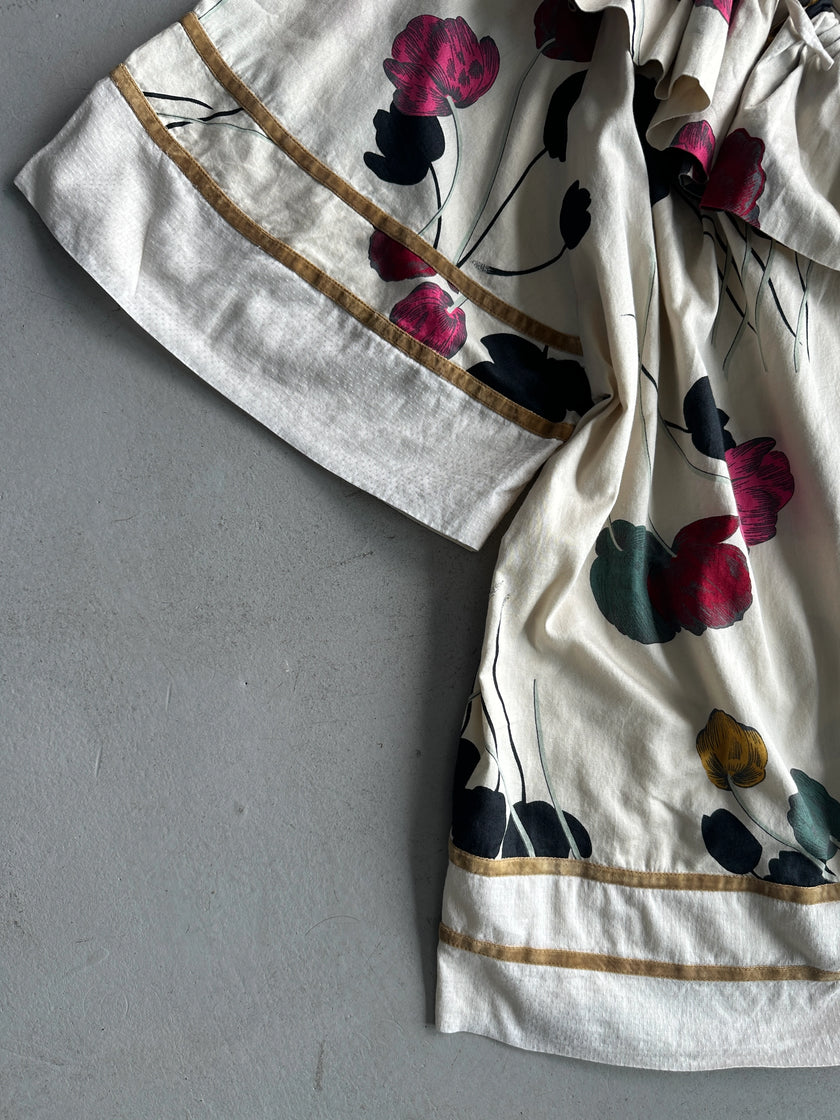 KENZO - 1990s FLORAL PRINT RUFFLED COLLAR SHORT SLEEVE TOP