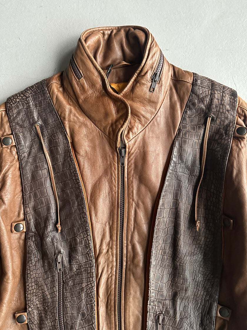 1990s PANELED BOMBER LEATHER JACKET WITH CROCODILE PRINT YOKE