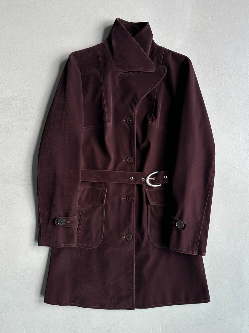 KATHARINE HAMNETT - 1990s VELVET BELTED TRENCH COAT