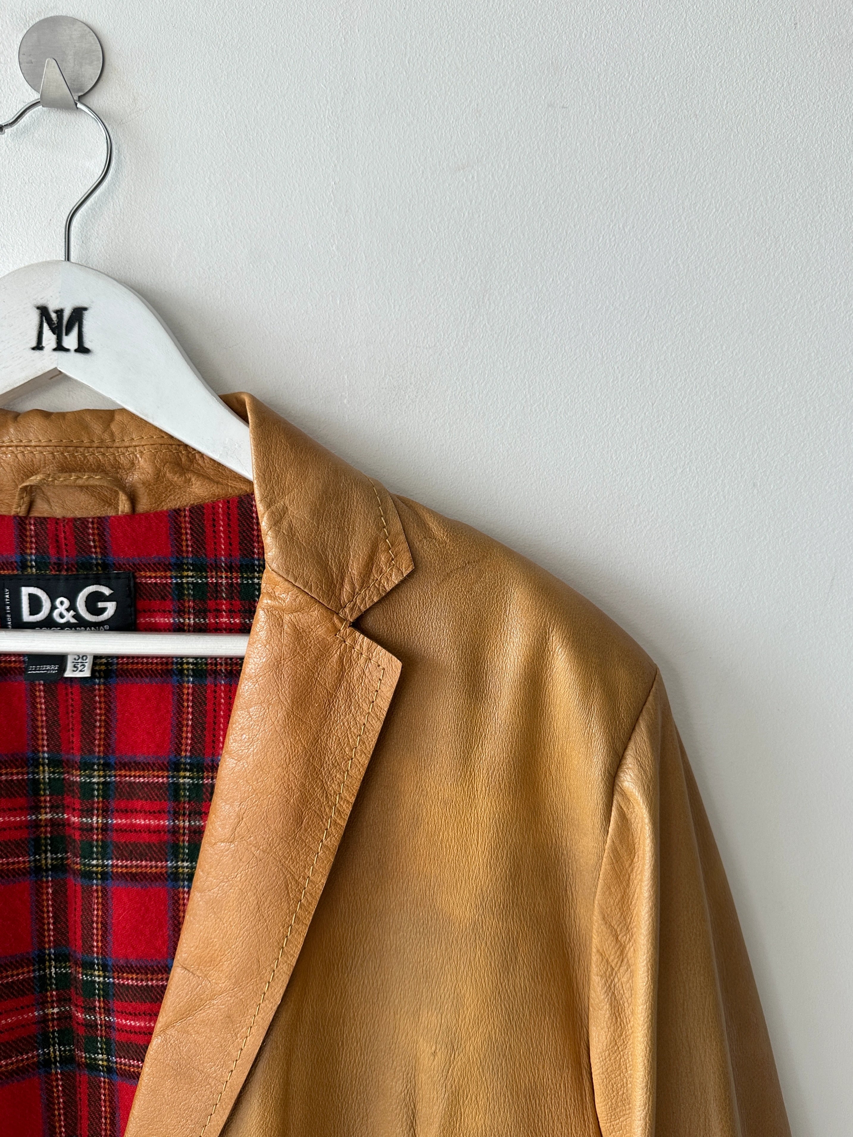 DOLCE & GABBANA - early 2000s DISTRESSED LEATHER BLAZER WITH TARTAN LINING