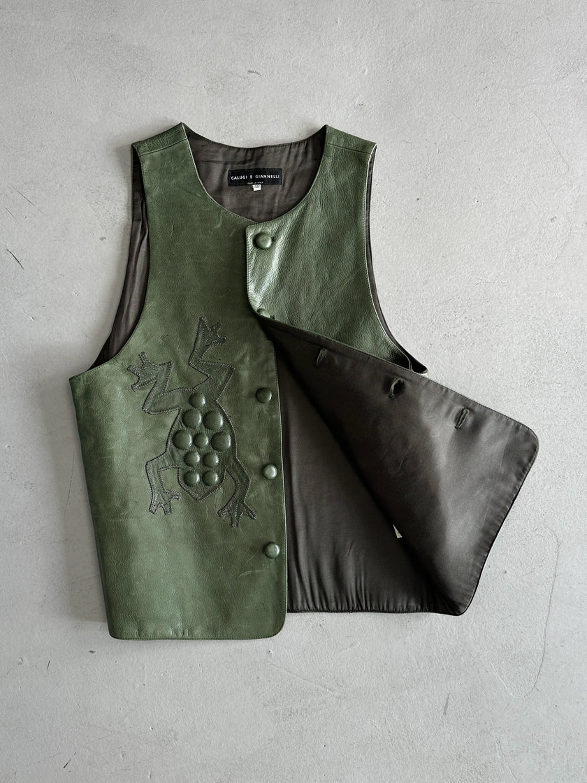 CALUGI E GIANNELLI - 1980s FROG MOTIFS LEATHER BUTTONED VEST GILET