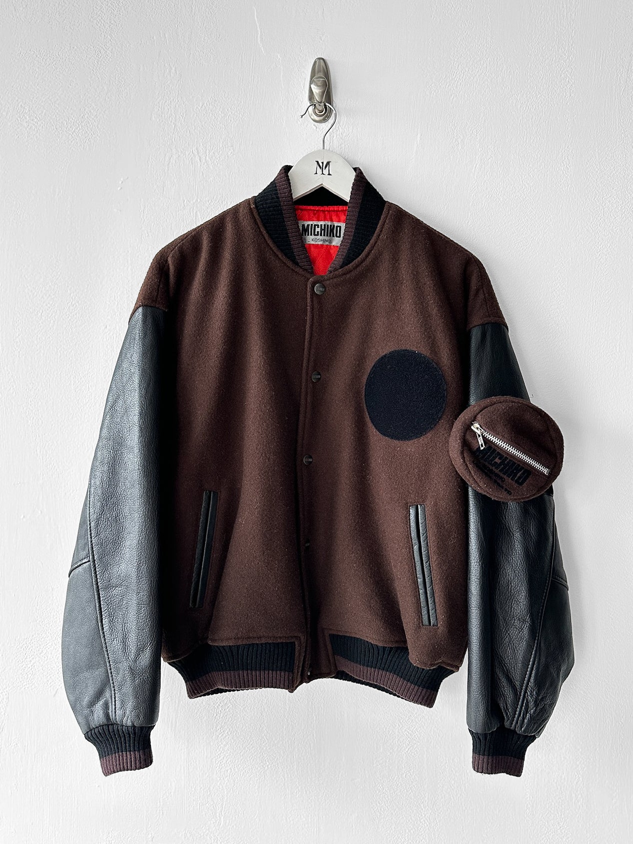 MICHIKO KOSHINO - 1990s BOMBER JACKET WITH CONTRASTING SLEEVE AND DETACHABLE POUCH POCKET