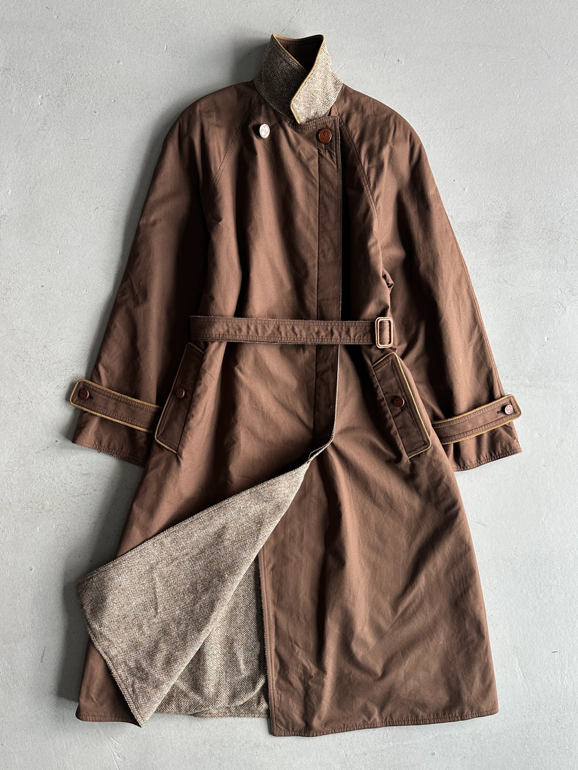 VALENTINO - 1980s BELTED TRENCH COAT WITH CONTRASTING TWEED INTERIOR