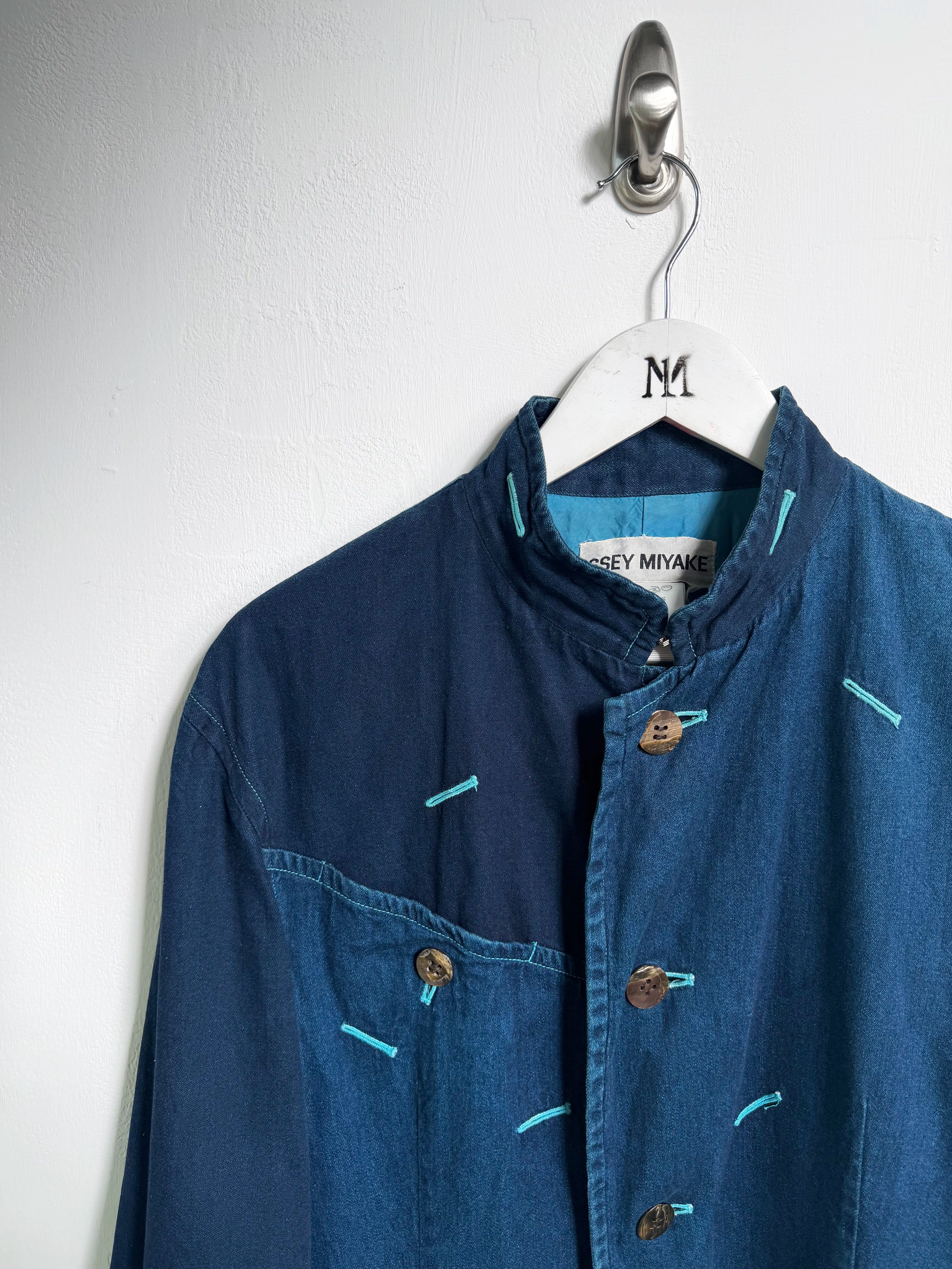 ISSEY MIYAKE - F/W 1993 PANELED DENIM JACKET WITH CONTRAST EMBROIDERED DETAILS ALL OVER