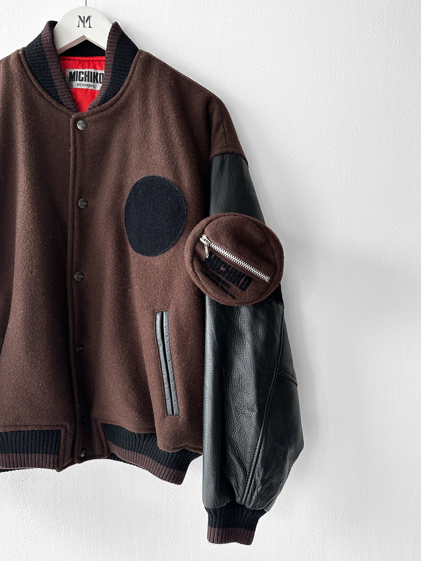 MICHIKO KOSHINO - 1990s BOMBER JACKET WITH CONTRASTING SLEEVE AND DETACHABLE POUCH POCKET
