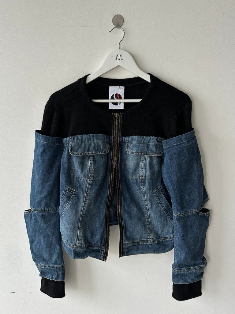 PLEIN SUD - early 2000s CROP FIT HYBRID DENIM JACKET WITH OPEN ELBOW SLITS