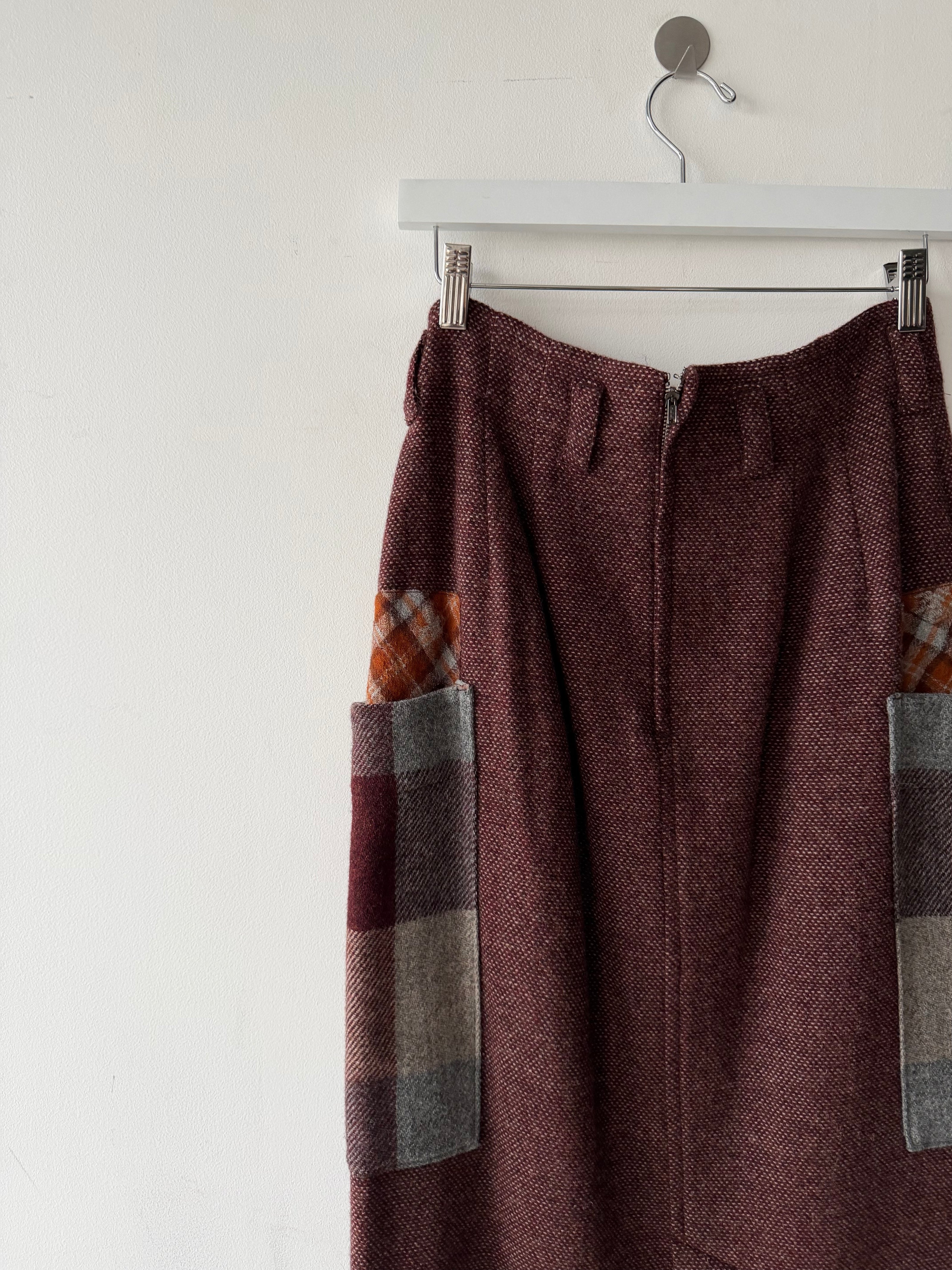 ISSEY MIYAKE HAI - 1980s MAXI WOOL SKIRT WITH CONTRASTING PLAID OVERSIZED POCKETS